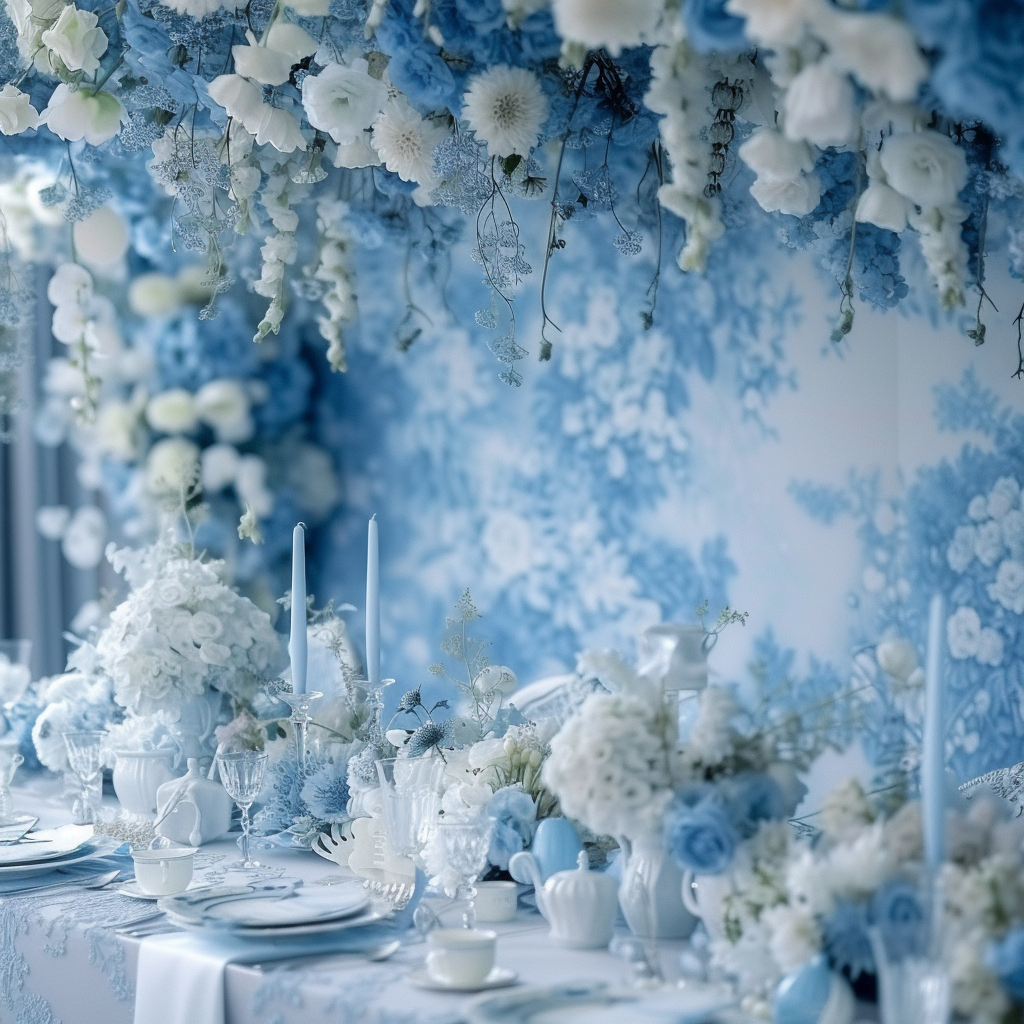 Floral Wedding Setting in Blue and White