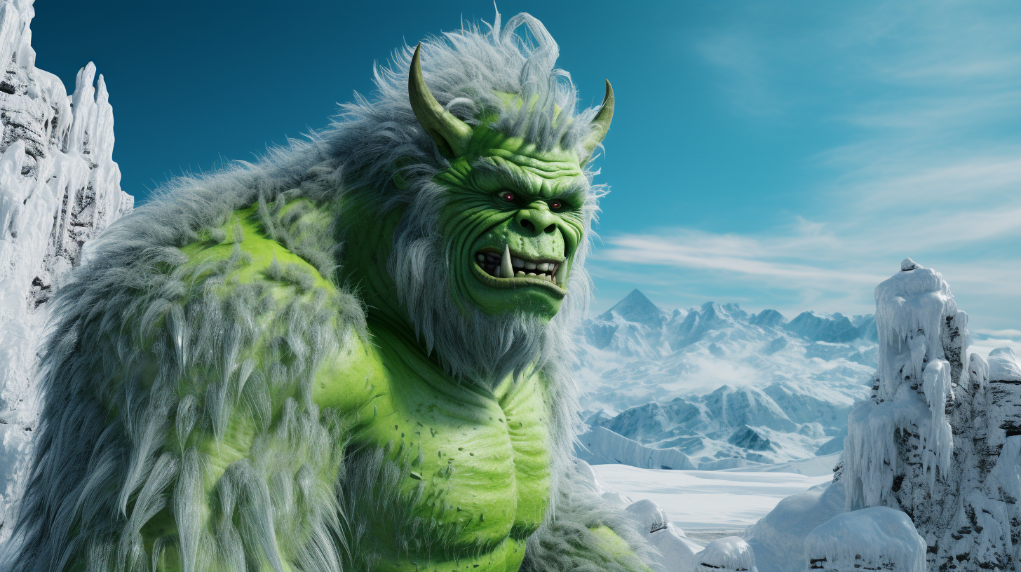 Hyperreal Florescent Green Grinch on Snowy Mountain