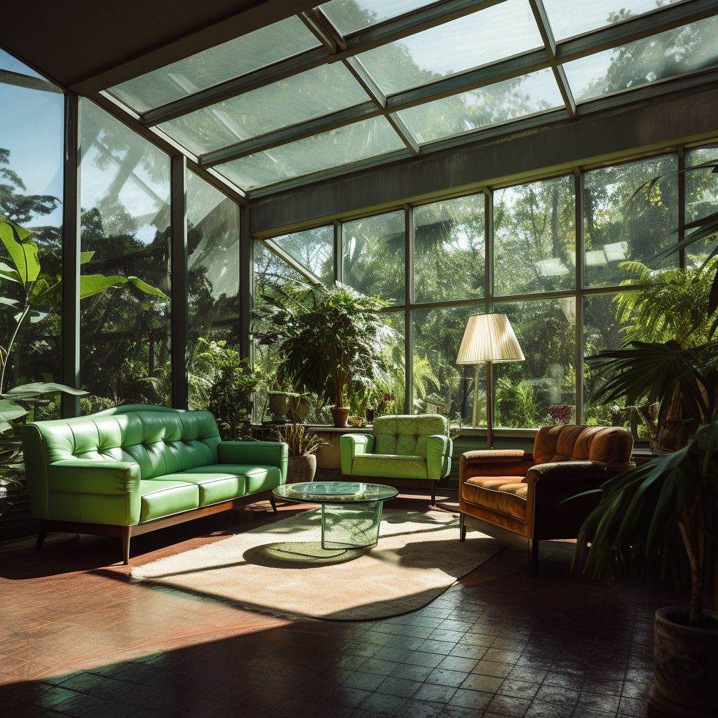 Floridian Sunroom with Mid Century Modern Patina Green Furniture