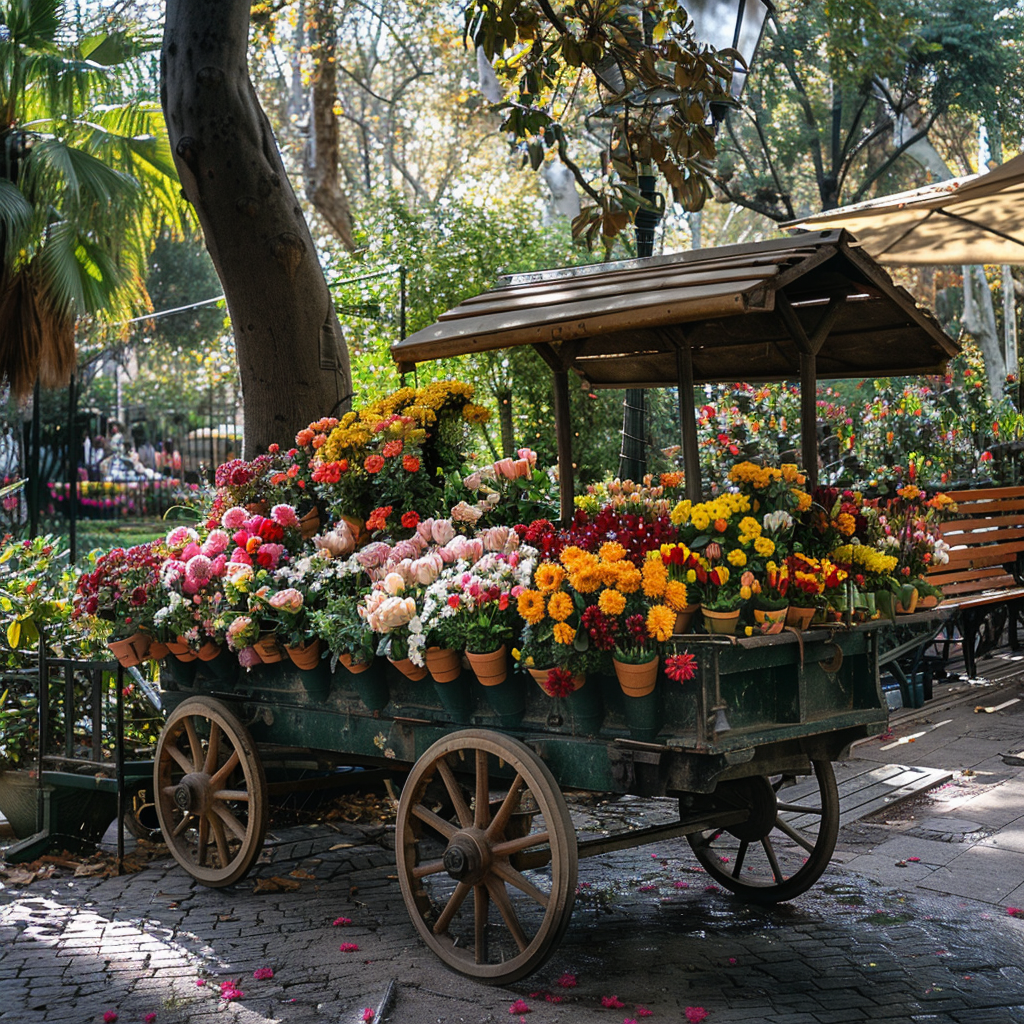 Flower cart in park Barcelona