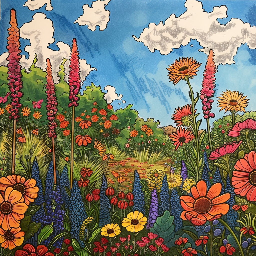 Colorful flower garden under blue sky sketch