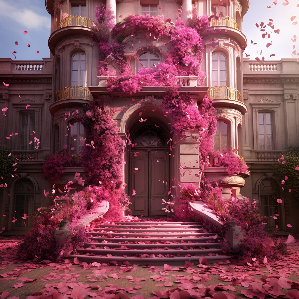 Dramatic architectural building with flower petals