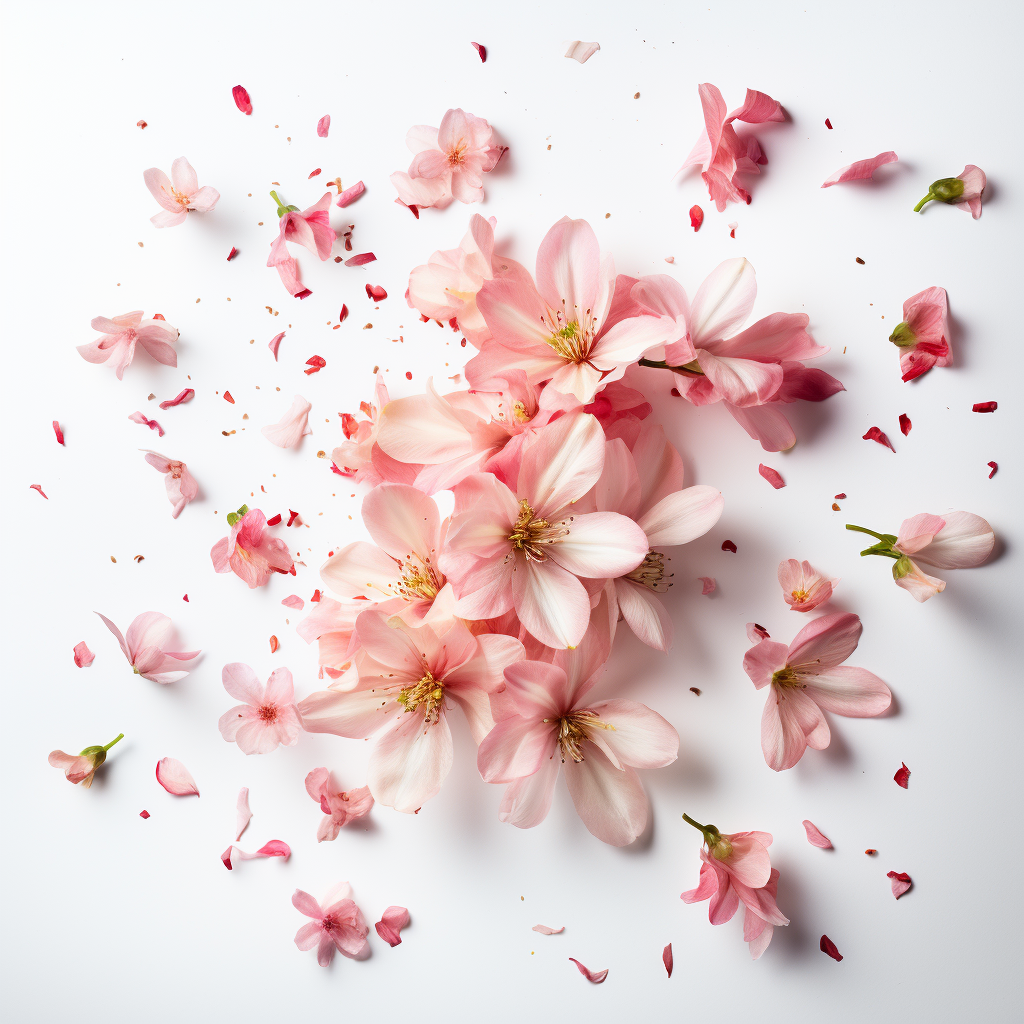 Falling flower petals on white background