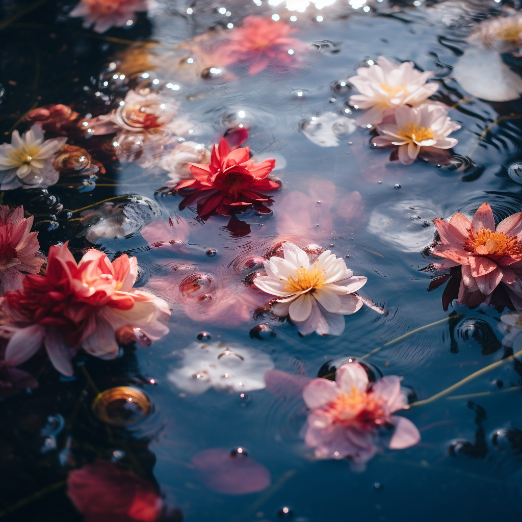 Colorful flower petals with a shiny object in the water