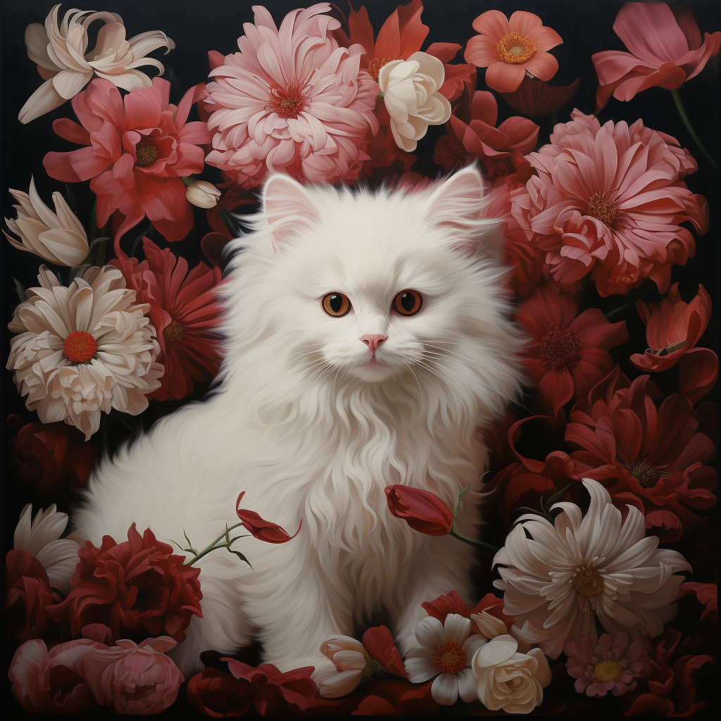 Beautiful Flower Portrait with White Kitten