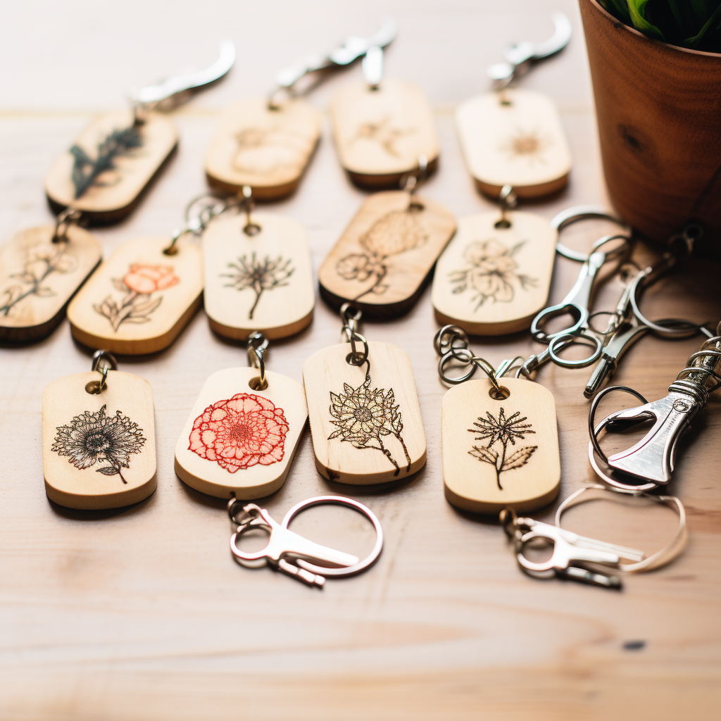 Hand presenting flower-themed pyrography keyrings