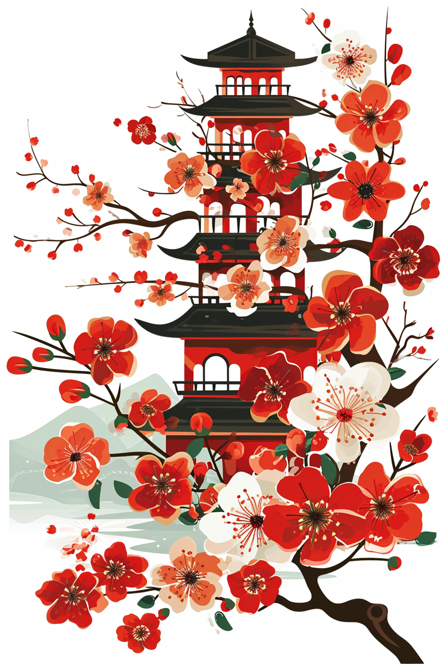 Flower village Japanese style sticker white background vector