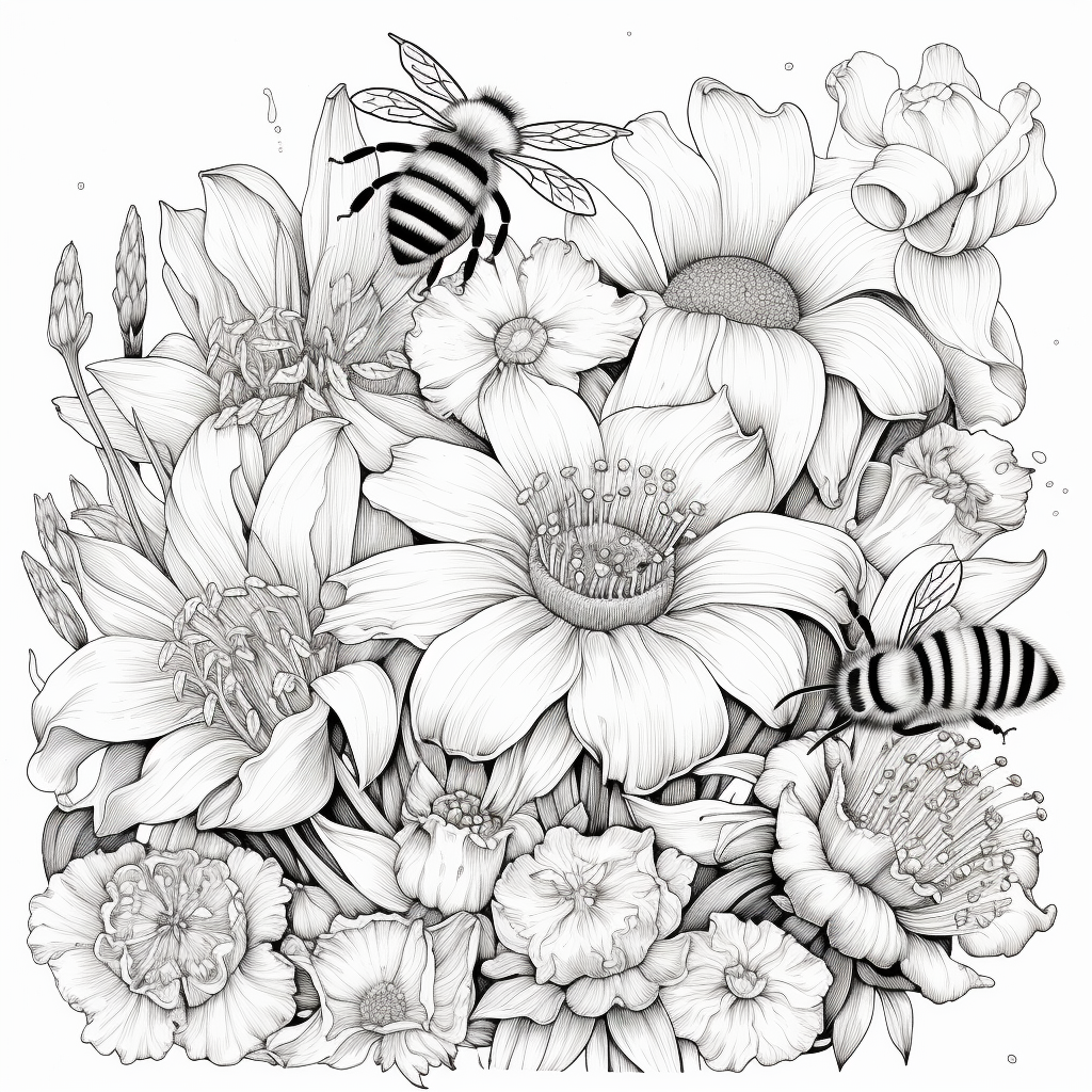 Coloring page with flowers and bees