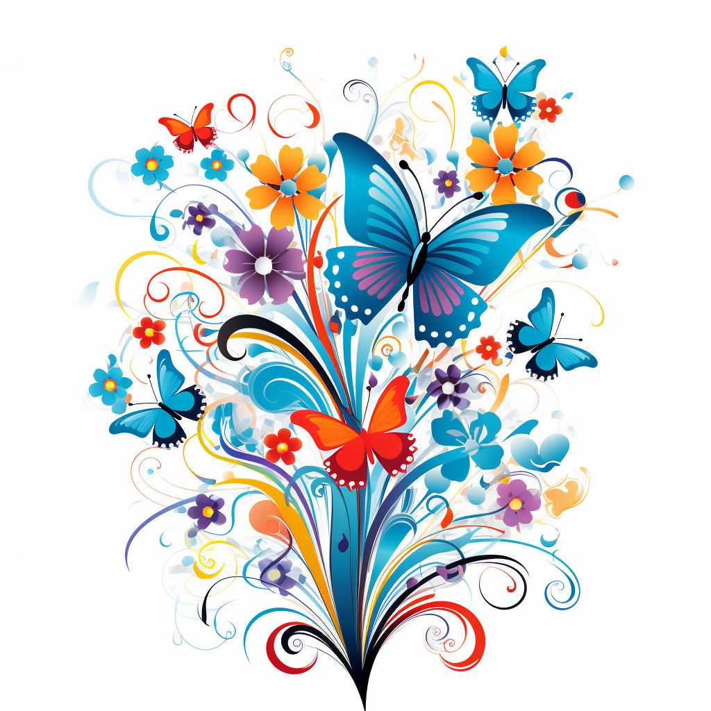 Colorful flowers and butterflies illustration on white background.