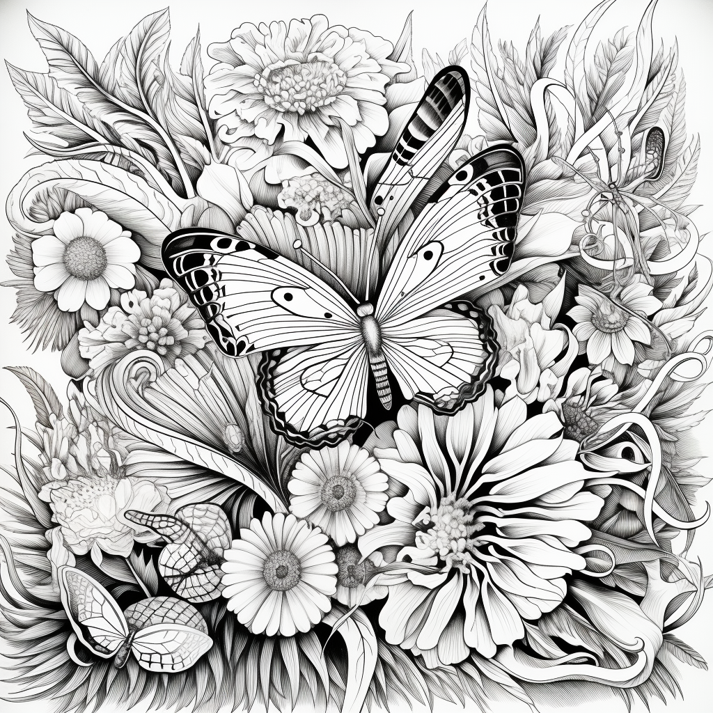 Coloring page with flowers and caterpillars