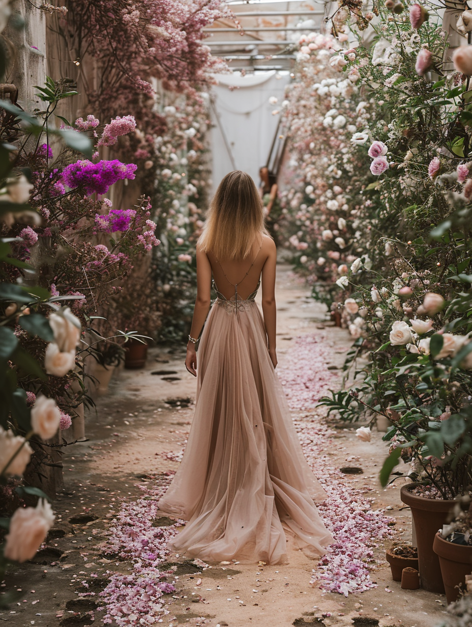 Beautiful girl walking in a flower gallery