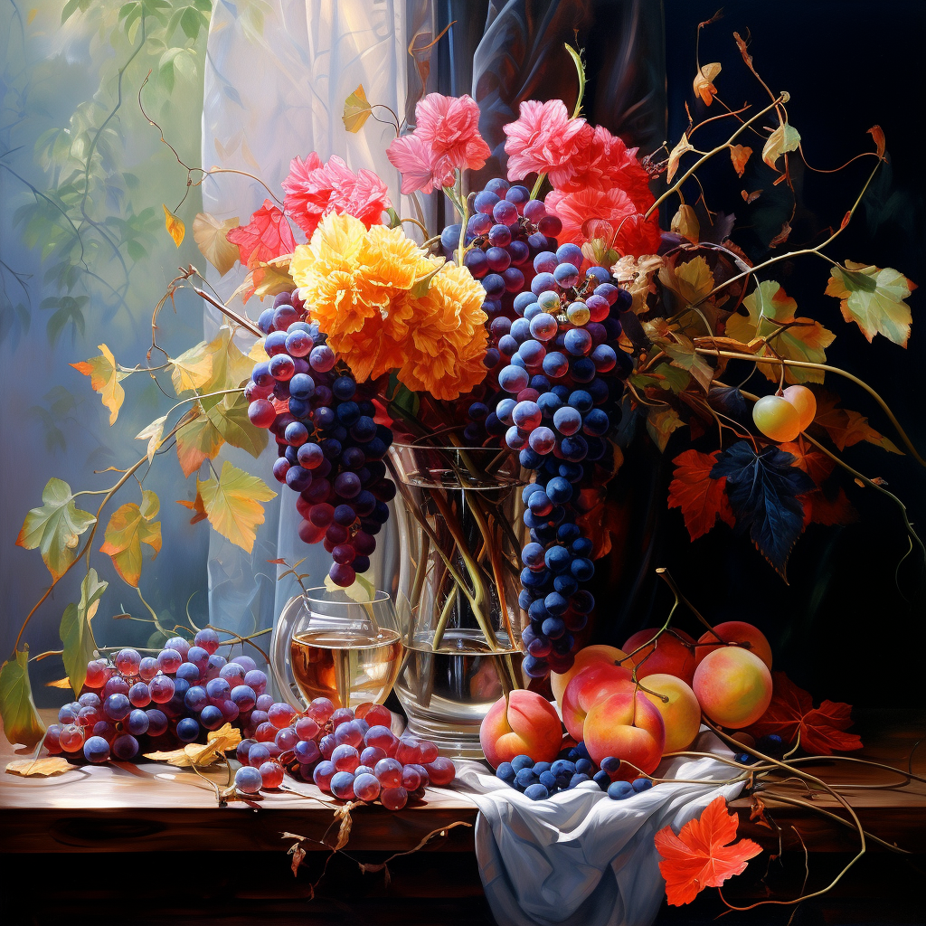 Colorful flowers and grapes arrangement