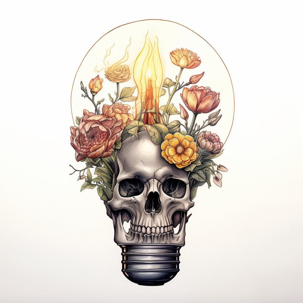 Blooming flowers inside a lightbulb with roots and a skull