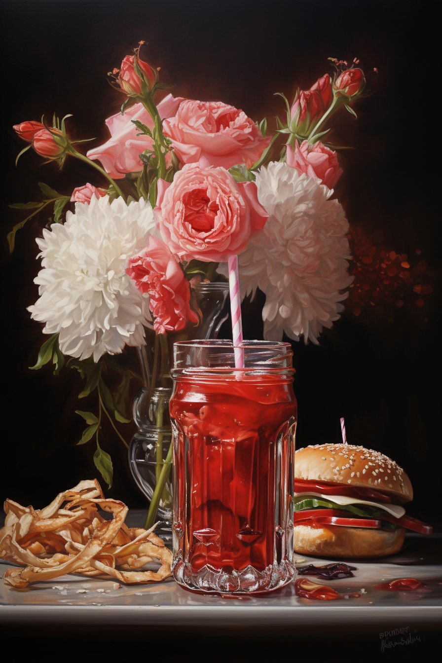 Vibrant still life with flowers and fast food