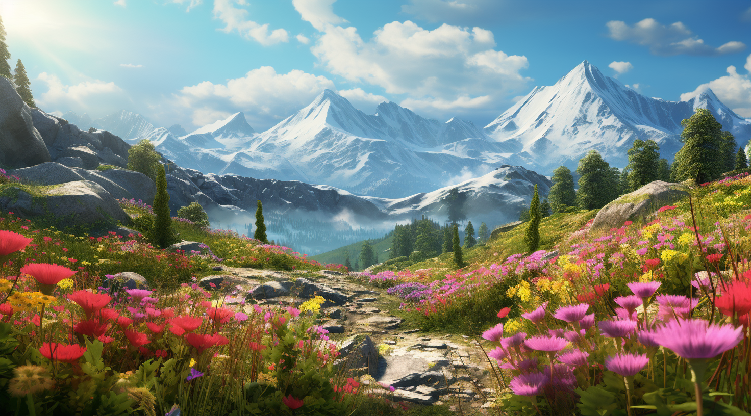 Vivid Flowers and Mountains Scenery Wallpaper