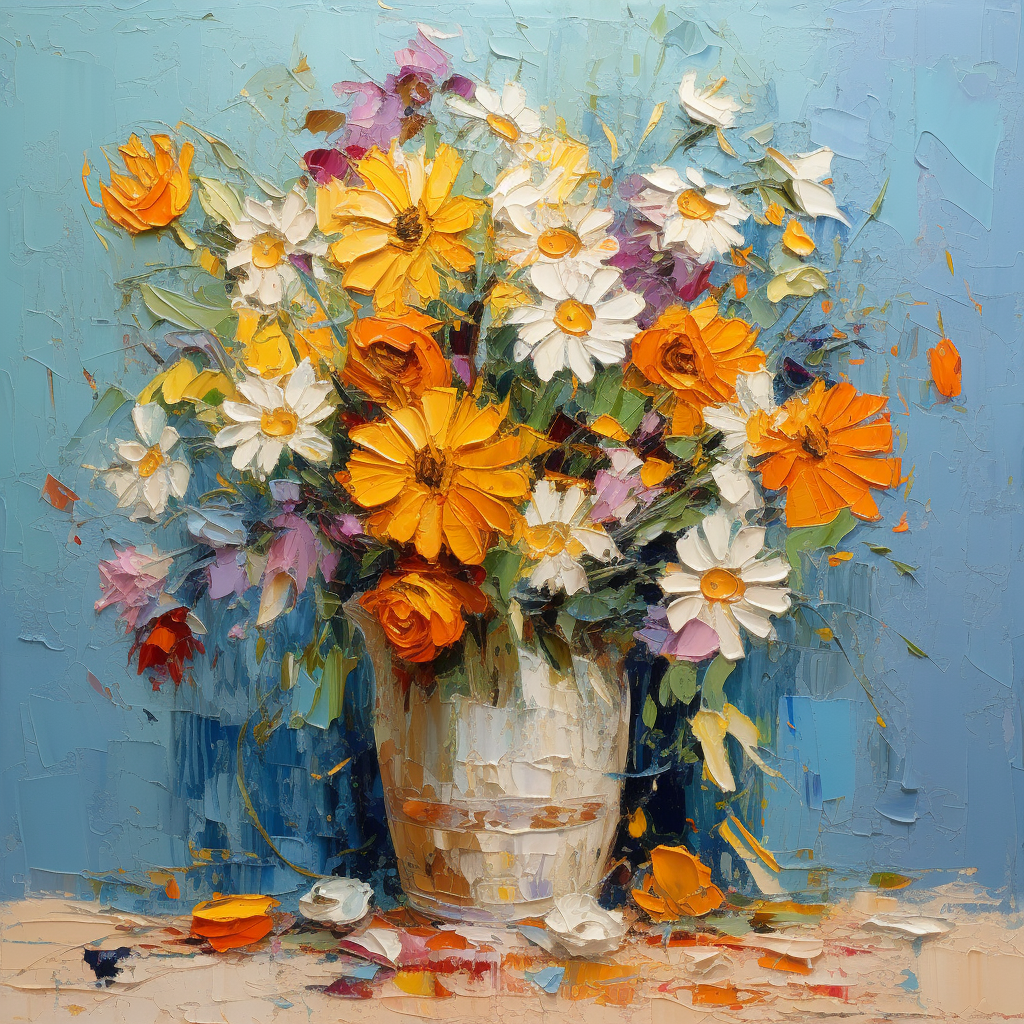 Vibrant flowers in an impressionistic pot