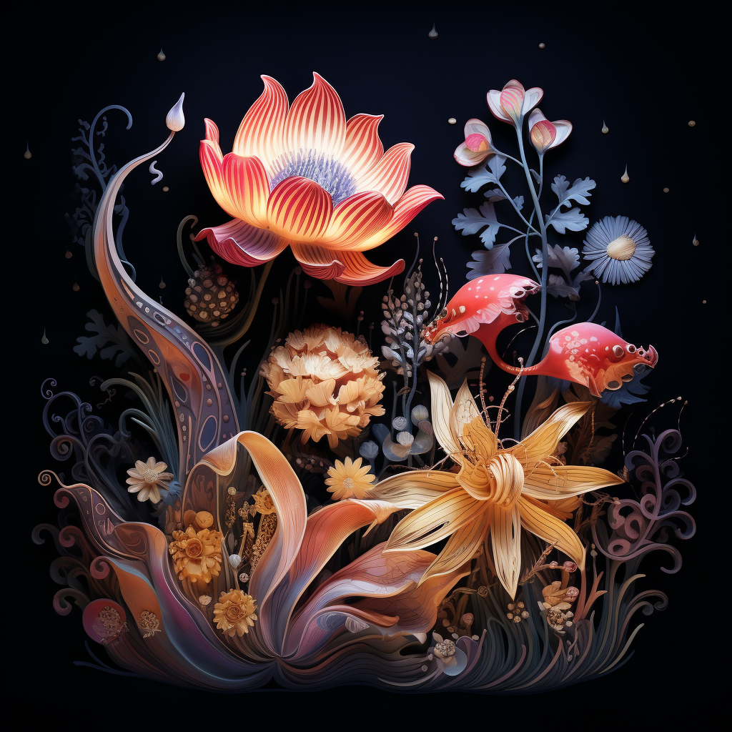 Colorful flowers and sea creatures on dark background