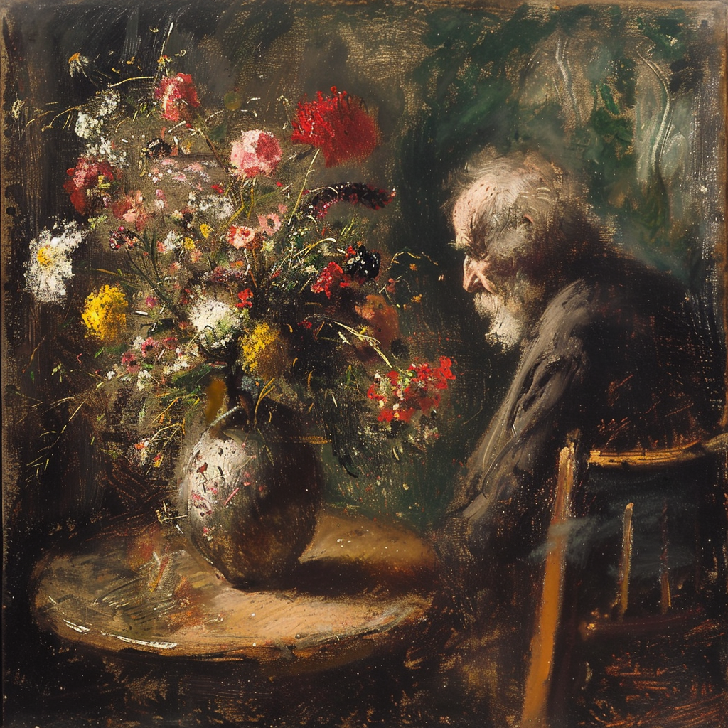 Flowers in vase, Old man at table