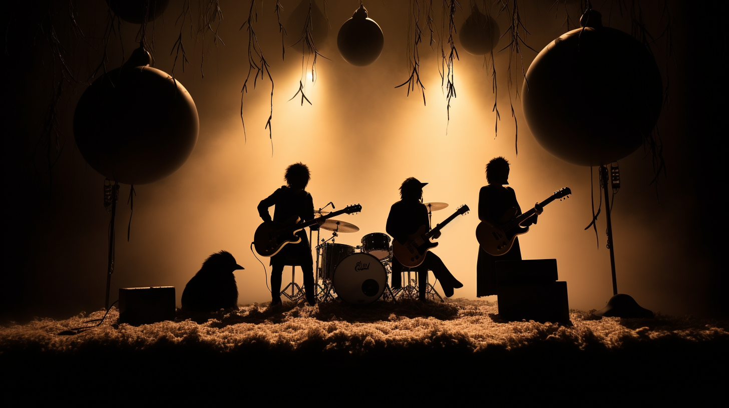 Black silhouettes of fluffy birds on stage with guitars