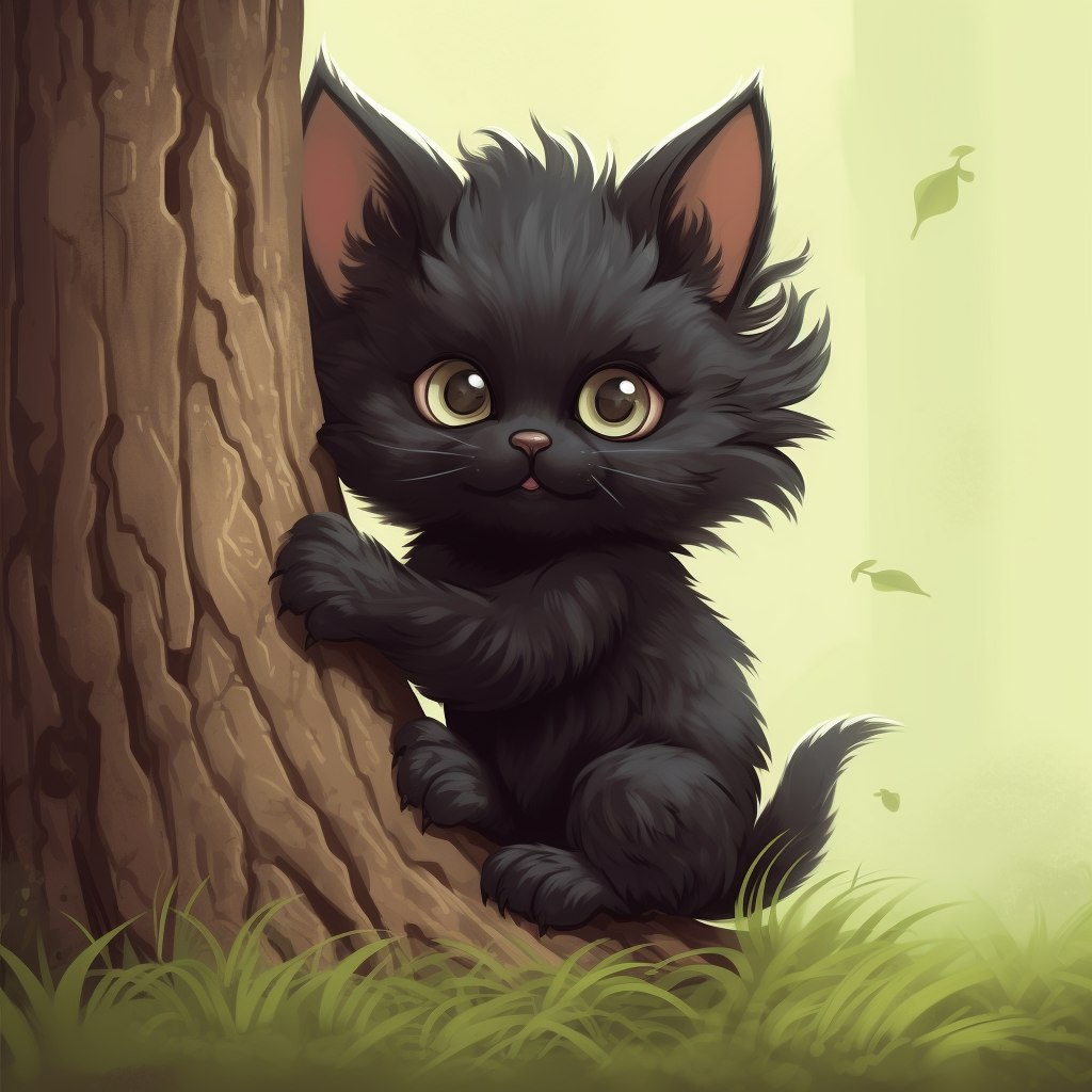 Cute black kitten holding onto a tree