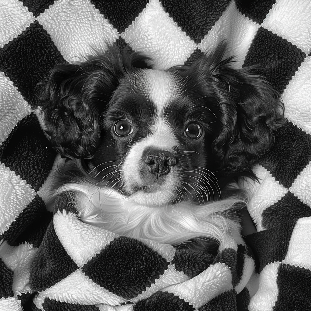 Fluffy blanket puppy on checkard blanket