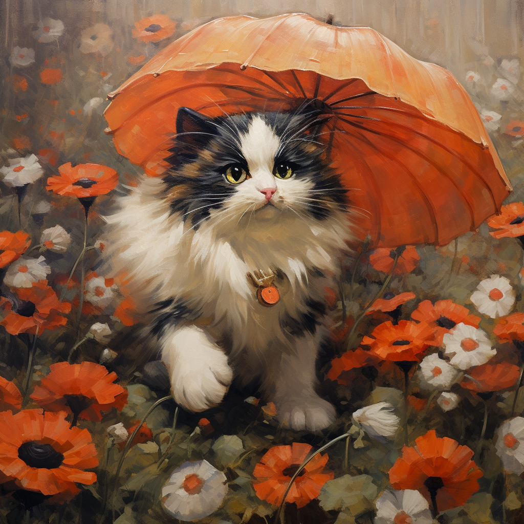 Fluffy calico cat walking with umbrella in poppy field