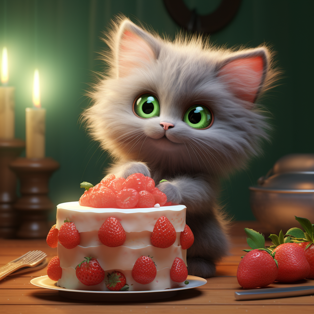 Gray kitten enjoying strawberry cake