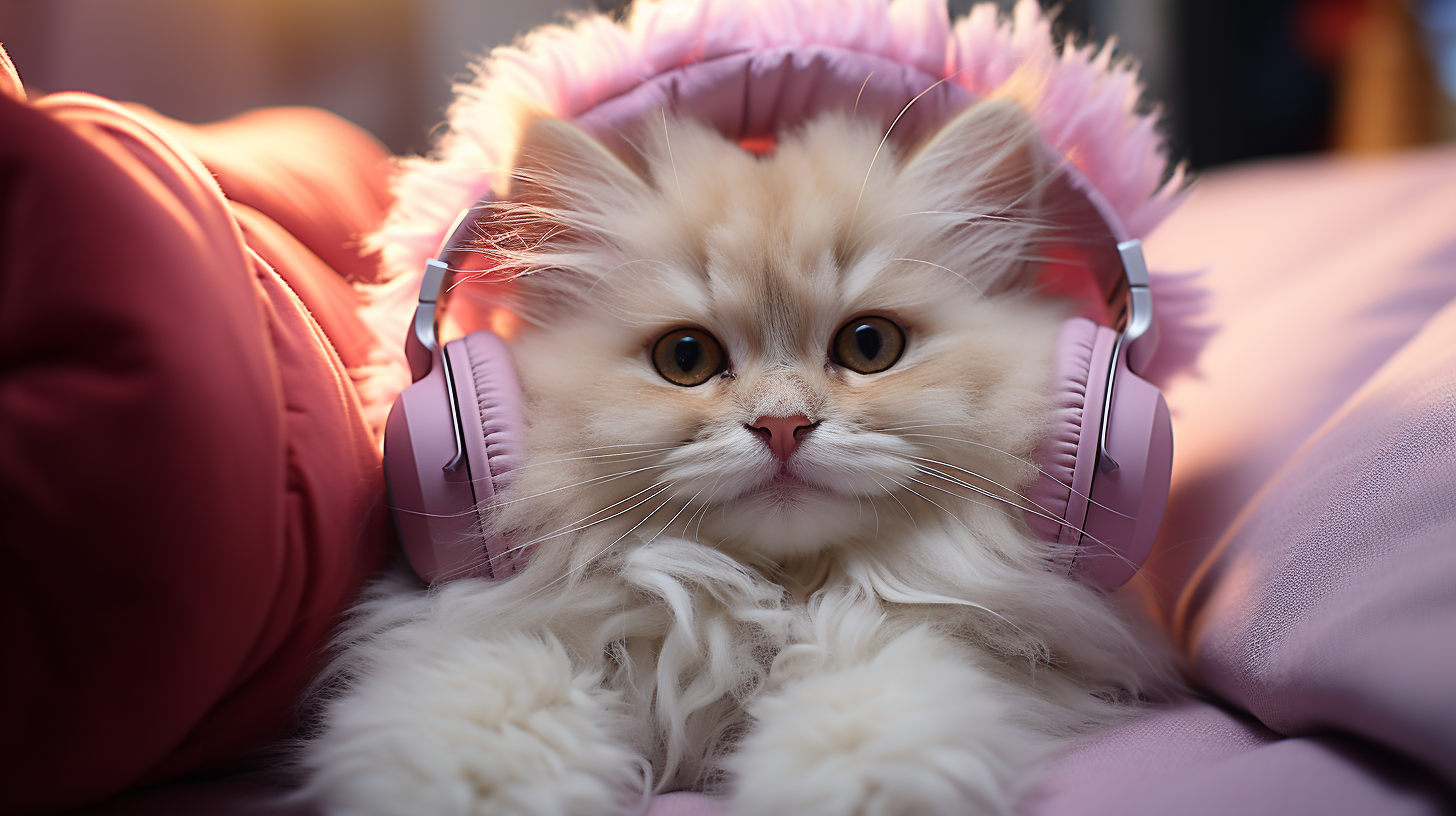 Cute fluffy kitten wearing earpods jamming music