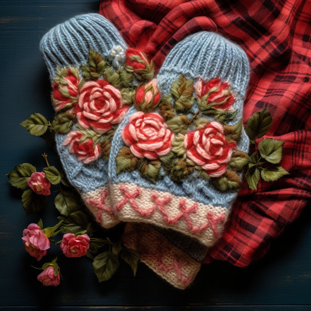 Fluffy roses on plaid wool mittens blanket  ?