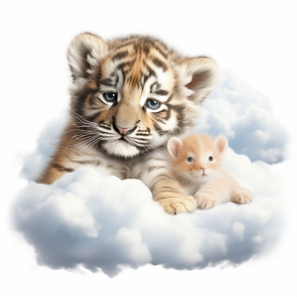 Cute tiger cub on fluffy cloud