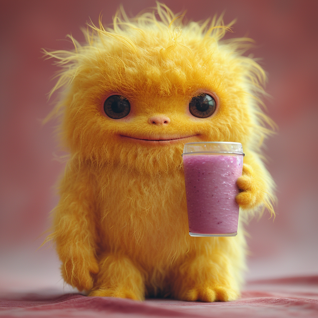 Fluffy yellow toy monster with purple smoothie