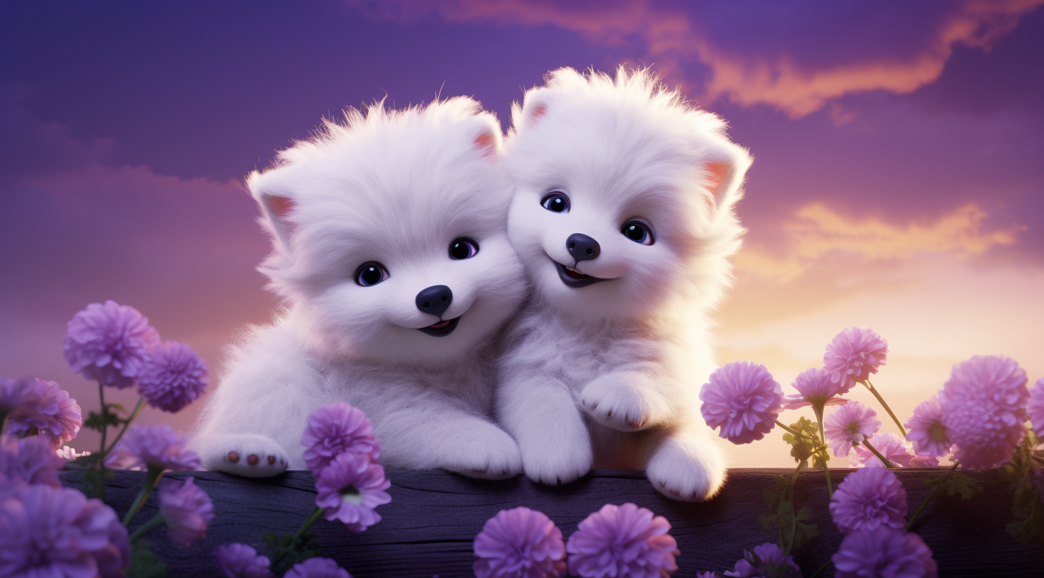 Two cute white puppies cuddling