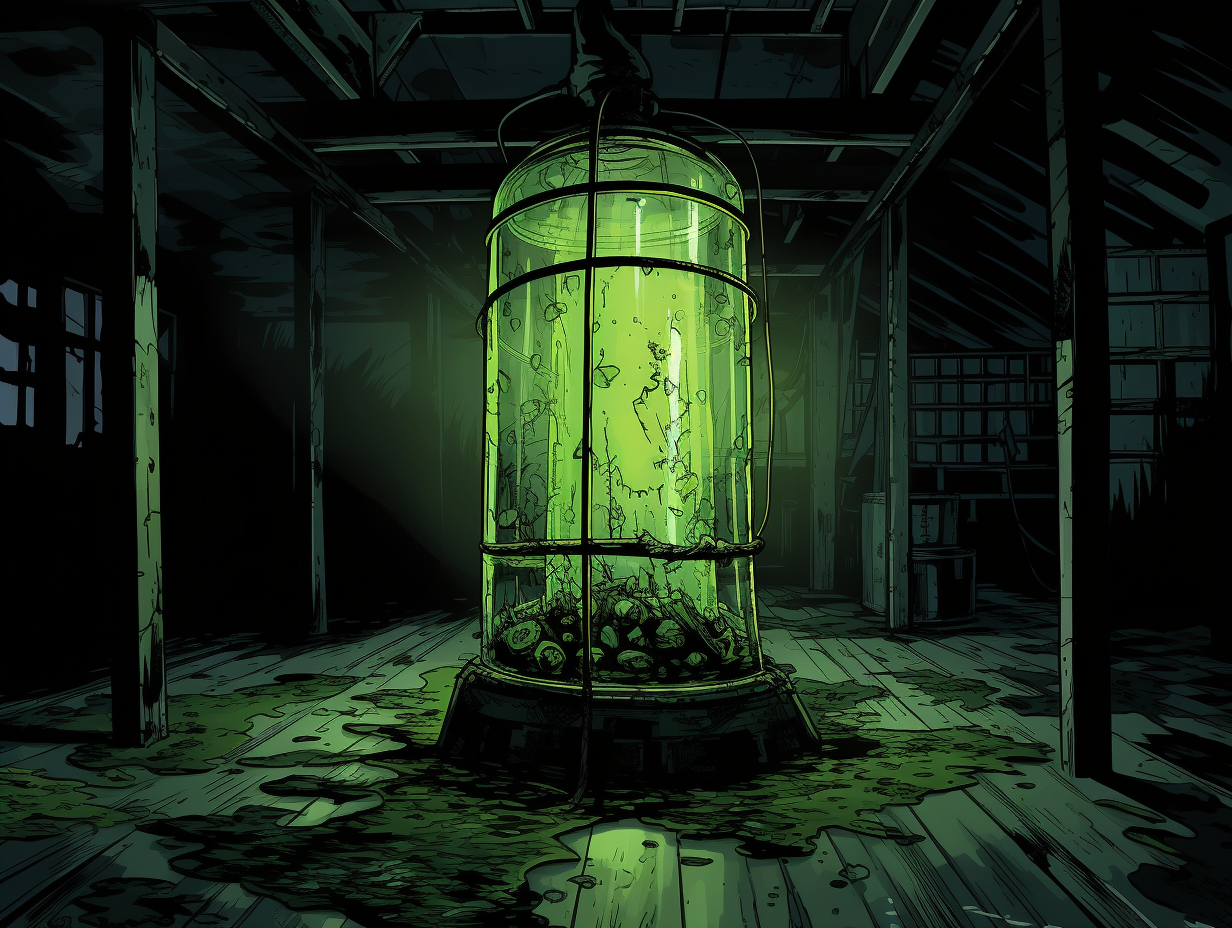 Eerie fluid-filled containment cylinder in abandoned lab