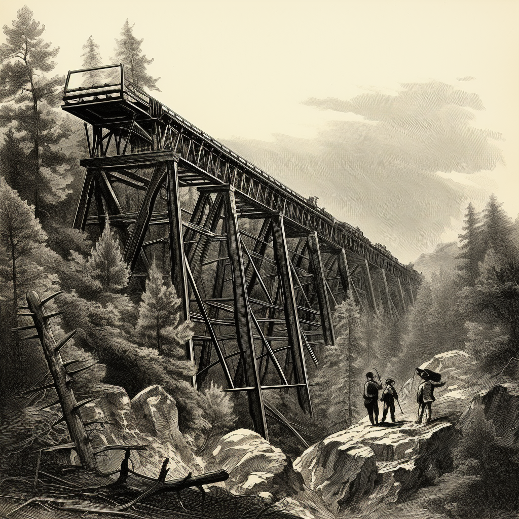 Wood Engraving of Flume Trestle from the 1870s