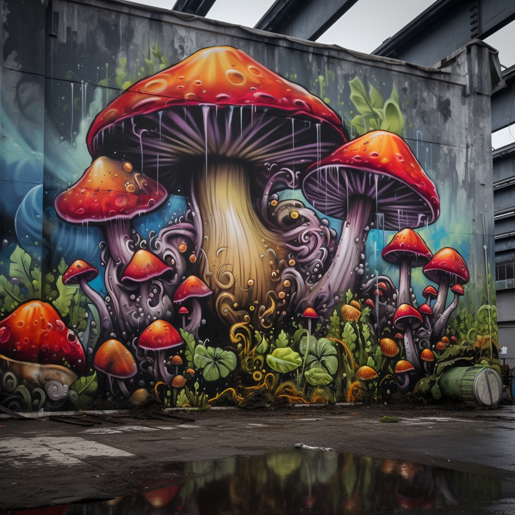 Graffiti with Fluorescent Mushrooms on Concrete Wall