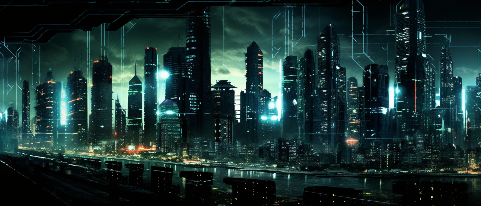 Detailed sci-fi city film frame