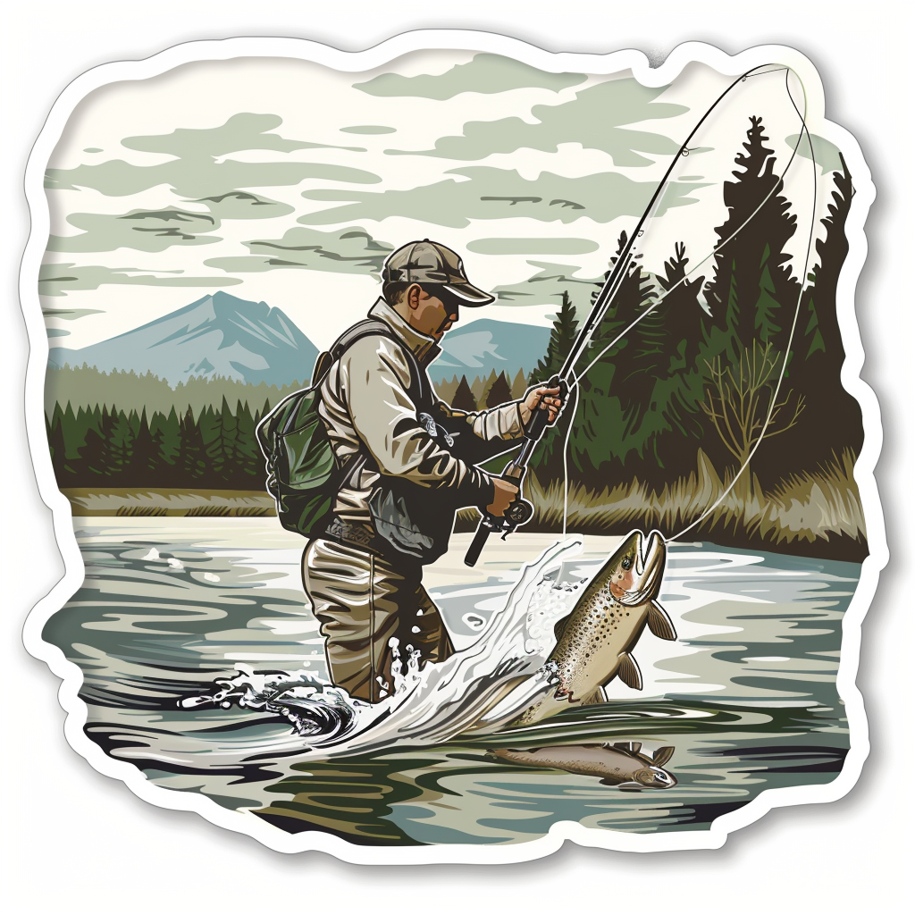 Fly fisherman sticker art trout