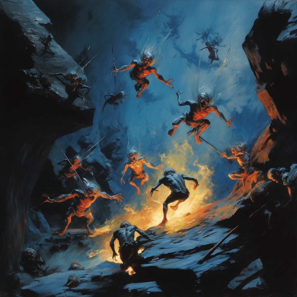 Swarming fire goblins surround distressed blue naiad