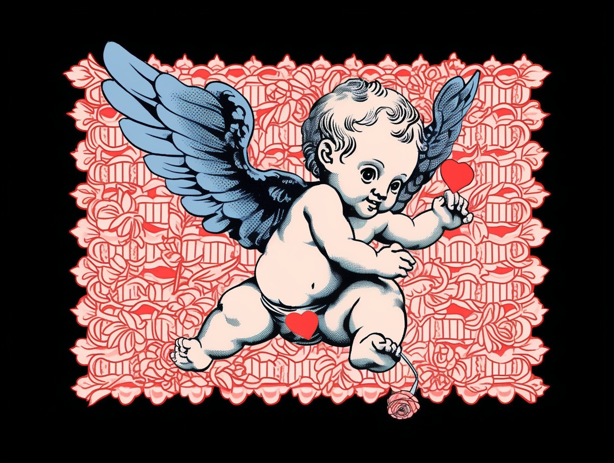 Adorable baby cupid with wings and bow