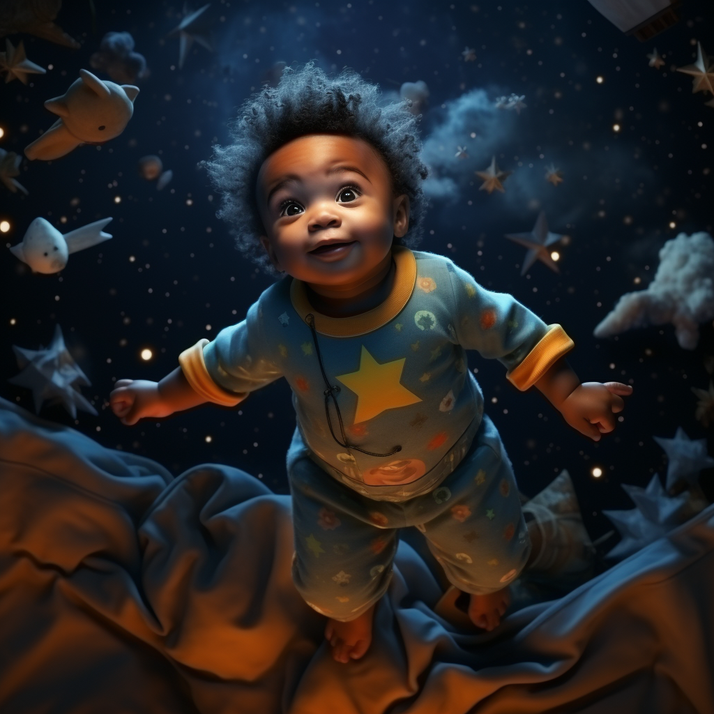 Adorable baby flying in colorful space