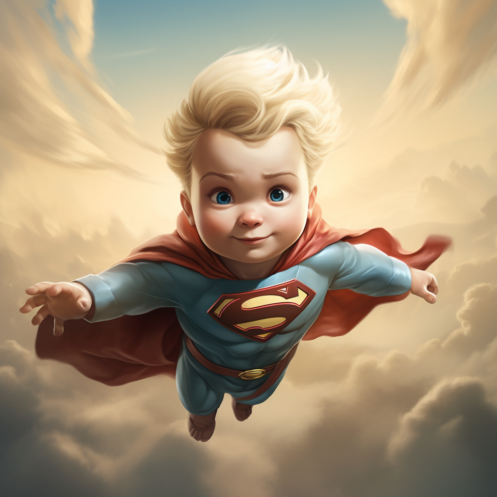 Superman baby flying through the sky