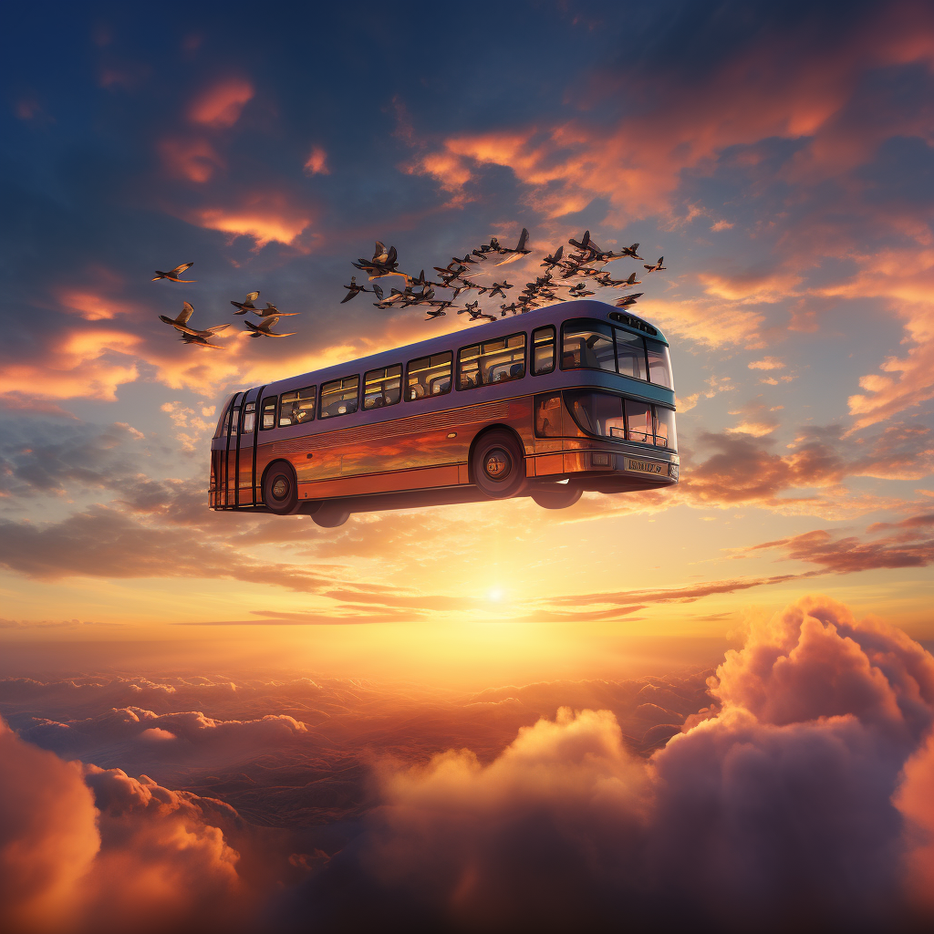 Bus flying at sunrise