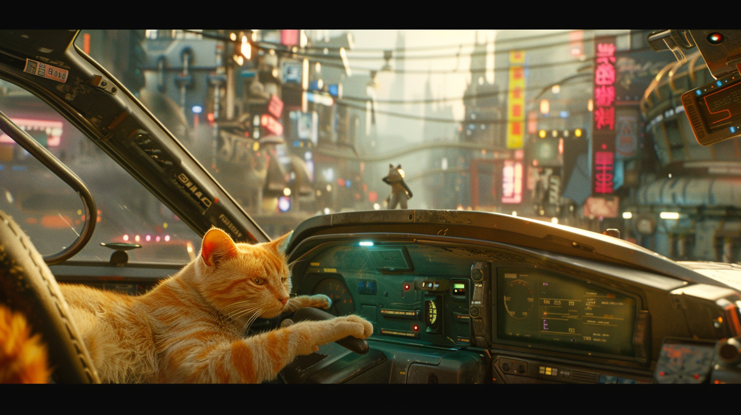 Flying Car Cat City View