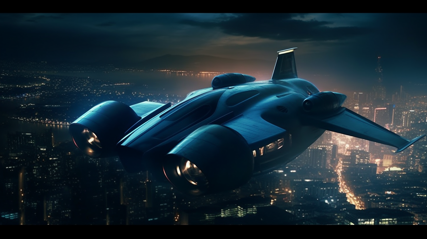 Flying car in Los Angeles at night