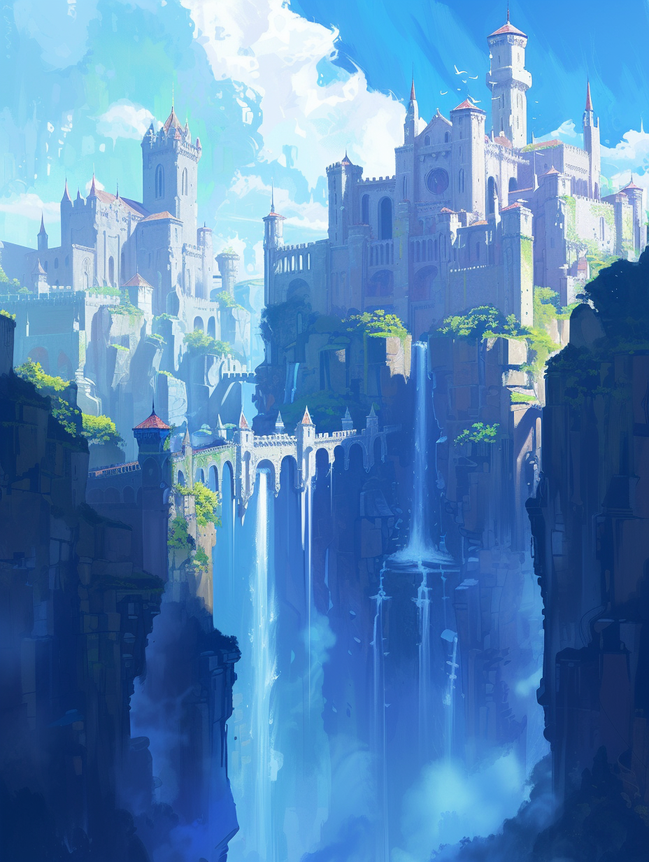 Flying Castle Waterfalls Walls Towers Long Shot Blue Shades Illustration