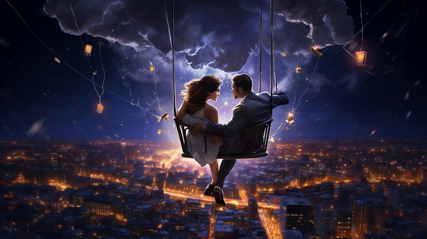 Couple on Flying Chair Above City