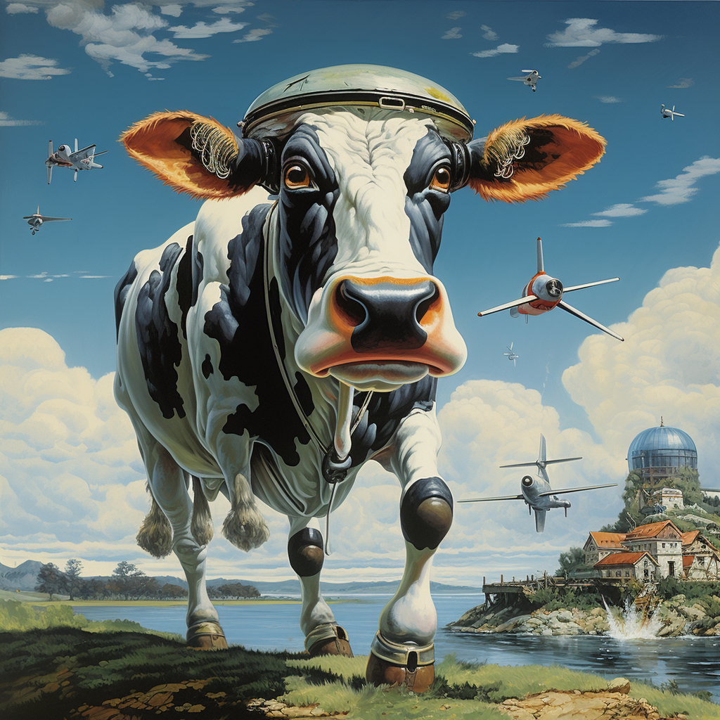 Cow flying over an island