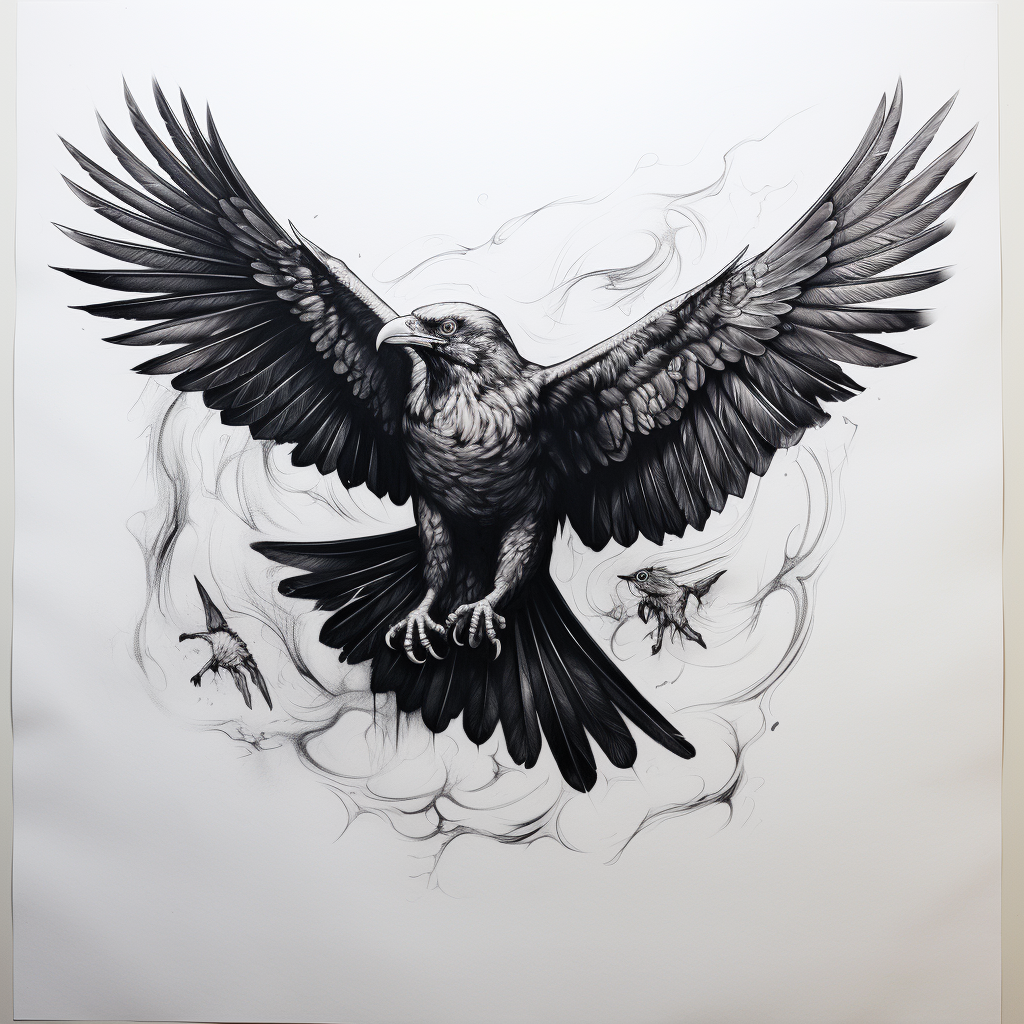 Flying crow tattoo design on white paper