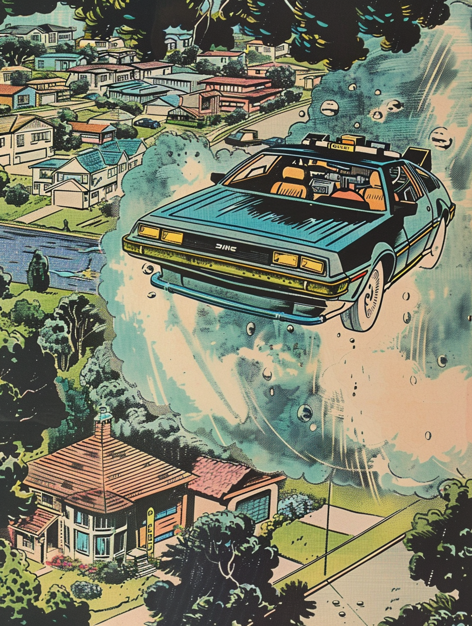 Comic Delorean Flying Suburbs Art