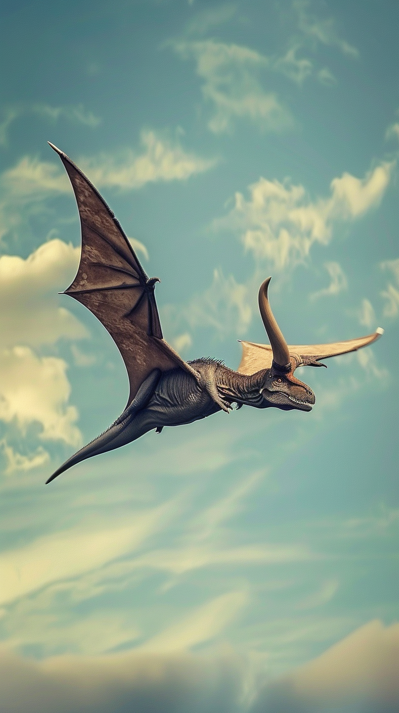 flying dinosaur long horns sky